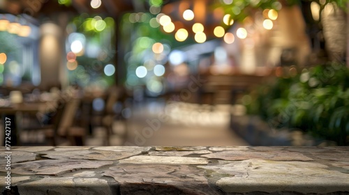 Stone table top with copy space. Restaurant background