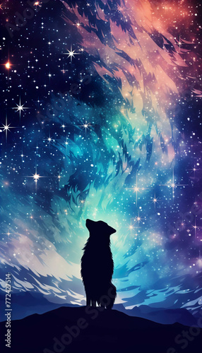 Double exposure of night sky stars , dog silhouette  Generate AI