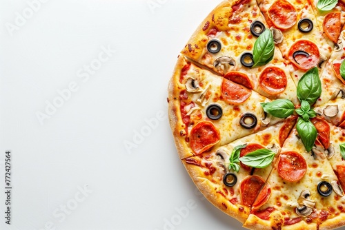 Sliced pizza with salami, mushrooms, cheese and olives, isolated on white background with copy space.