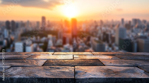 Stone table top with copy space. Modern cityscape background