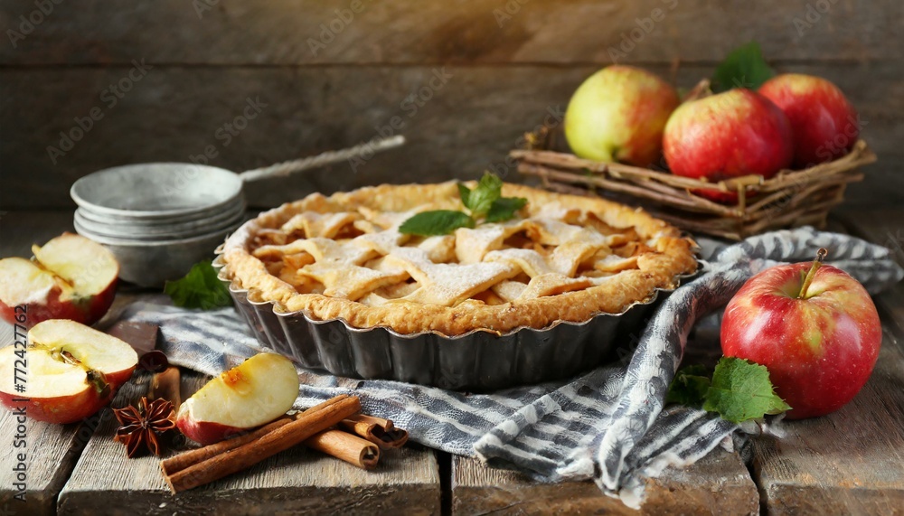 Comfort Food Apple Pie on Rustic Wooden Background