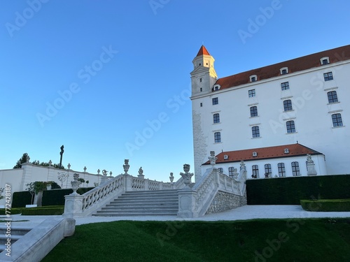 Photography Bratislava Castle, slovakia, blue sky, red, white