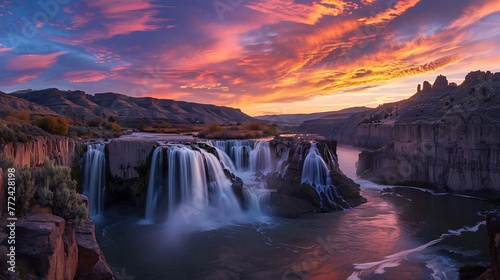 The sky lights up at sunset over shoshone falls in Idaho shoshone falls is considered photo