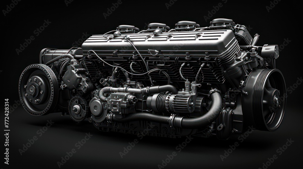 A highly detailed image of a car engine showing intricate parts and components, perfect for automotive presentations