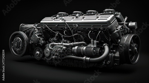 A highly detailed image of a car engine showing intricate parts and components, perfect for automotive presentations