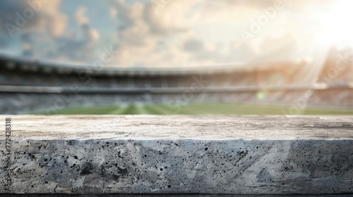 Stone table top with copy space. Stadium background