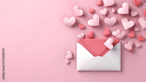 Love letter envelope with paper craft hearts, flat lay on pink valentines