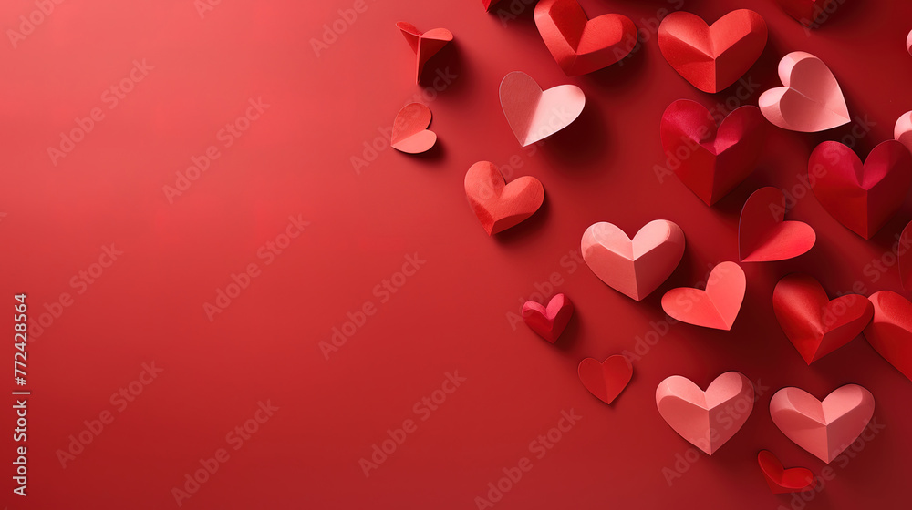 Red paper hearts on red paper background, Love and Valentine's day concept