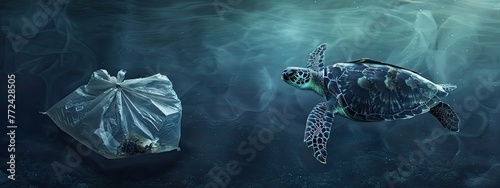 A solitary turtle in the ocean depths with plastic bag, symbol of the pervasive plastic pollution threatening marine life