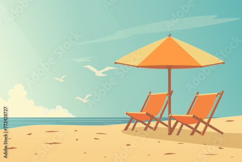 Summer beach. Sun loungers and a beach umbrella on the sandy coast. Vector cartoon sea shore background. Good sunny day. Paradise beach with chairs.