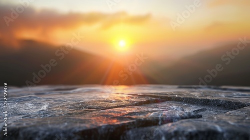 Stone table top with copy space. Sunrise background