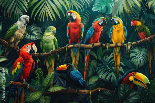 Obraz Tropical Jungle Animals with Birds. Parrots, Toucans, and Palm Trees. Jungle wallpaper for kids' room, interior design. mural