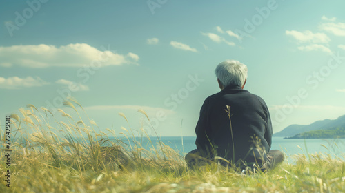 Elderly man looking at the sea with copy space