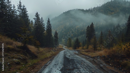 Unpaved Winding Mountain Road Through A Forest On A Cloudy Day photo