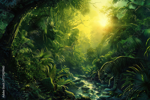 Panoramic landscape of green jungle, Tropical rain forest jungle