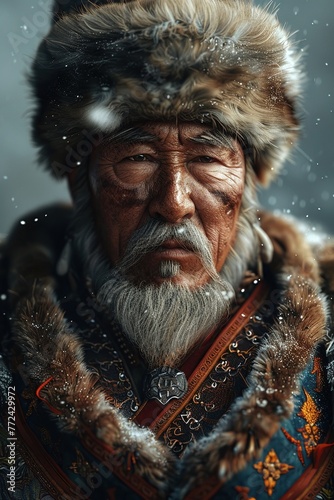 A Genghis Khan descendant coordinating nomadic tribes across continents via satellite , 3D render