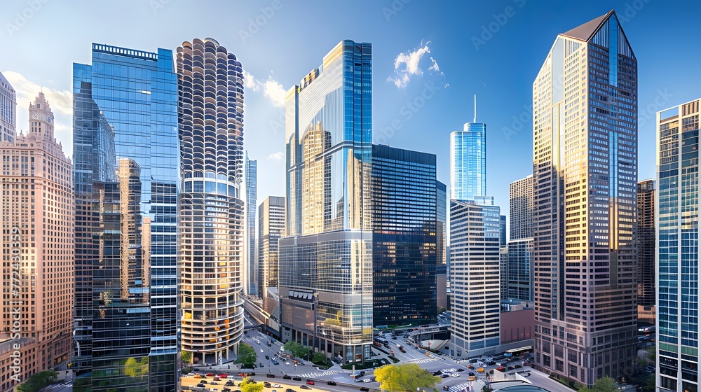 Obraz premium City skyline alive with sleek skyscrapers and contemporary office buildings, a bustling urban panorama AI Image