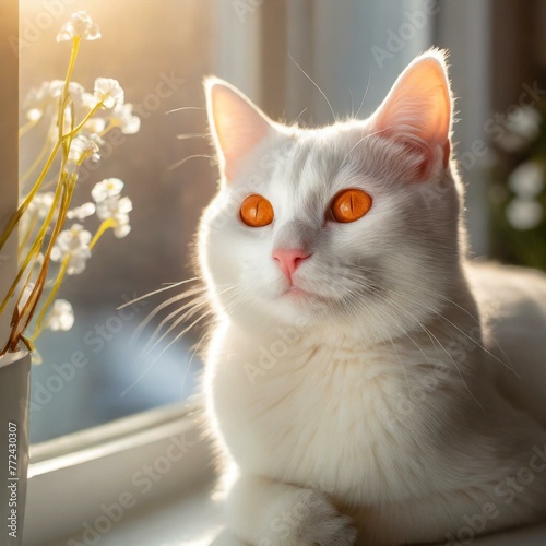 A cute white cat with orange bright eyes and sitting in sunlit windowsill
