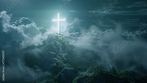 Cross shines in the sky, with clouds around it and on top of an island mountain. In the style of dark fantasy, with cinematic light effects, a foggy background.