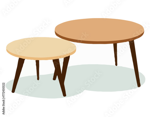 wooden tables in cartoon style. Vector illustration of round and square coffee tables home interiors on white background. 