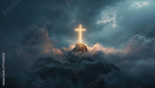 The cross of Jesus Christ shines in the sky, with clouds around it and on top of an island mountain.