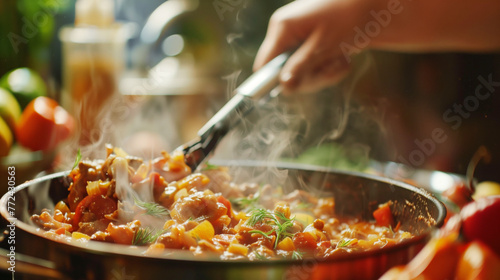 Steaming cooking pot with vegetables