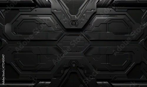 This image features a detailed, symmetrical design of futuristic armored panels, predominantly in dark tones, reminiscent of sci-fi armor or spacecraft hull photo