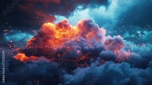 Glowing scifi cloud over digital ground, hyperrealistic vibrant particles and moody lighting effects © Pungu x