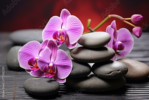 Relaxing Spa orchids stones drops. Wellness petal. Generate Ai