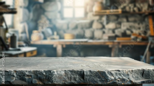 Stone table top with copy space. Workshop background