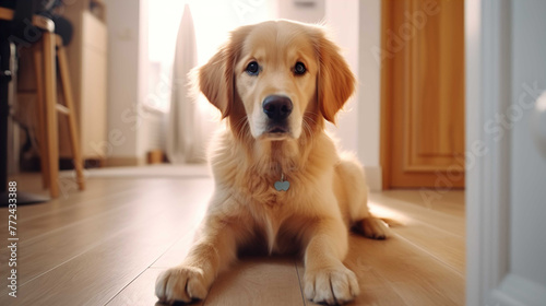 Golden retriever dog lines up sweetly, sits in front of the door , Generate AI