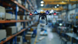 An AI-driven drone capturing aerial footage of manufacturing plants, optimizing supply chain management processes. -