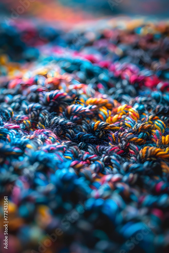 Close Up View of Multi-Colored Knitting Project Displaying Intricate Stitches with a Soft Blurry light in the Background