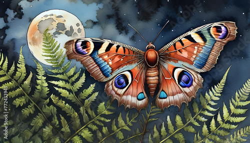 peacock moth on a fern against the background of a starry sky with a full moon