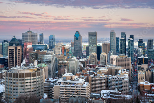 Panorama of the Montreal city skyline in sunset light, Canada