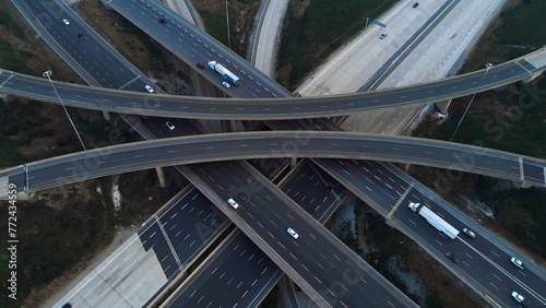 Urban mobility: exploration of multi-level interchanges via drone. Cinematic shot of cars in motion capturing urban mobility from above. Dynamic flow of city life concept from unique perspective