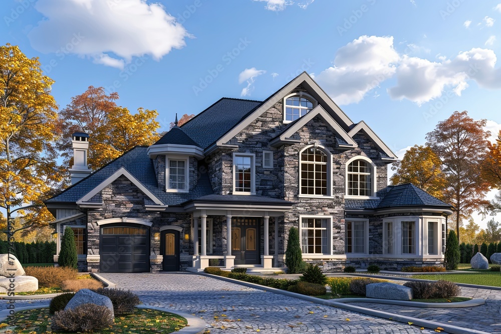 newly built luxury home. Beautiful exterior. ornately designed covered porch and front entrance. Autumn view