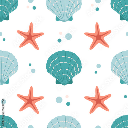 Seamless pattern with sea shells, starfish. Tropical beach shells. Summer seamless pattern. Vector illustration in flat style