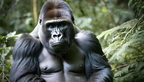 A Solitary Gorilla Pausing To Listen To The Sounds