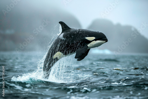 An orca whale breaching in misty waters with mountainous terrain in the background, capturing the essence of wild marine life