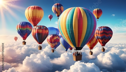 Colorful air balloons flying in the sky over clouds landscape photo