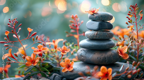 A pile of zen stones balanced with some flowers and water