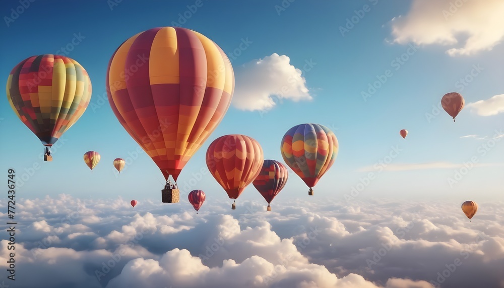 Naklejka premium Colorful air balloons flying in the sky over clouds landscape