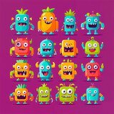 Set, Vibrant Flat Design: Playful Exaggerations of Colorfull Monsters, fruits and love
