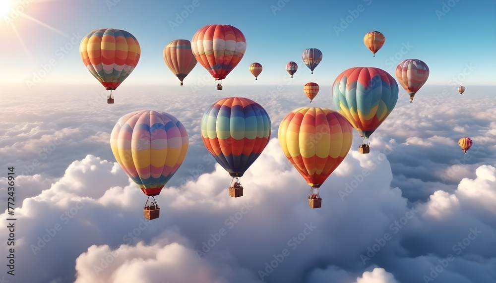 Colorful air balloons flying in the sky over clouds landscape Colorful air balloons flying in the sky over clouds landscape