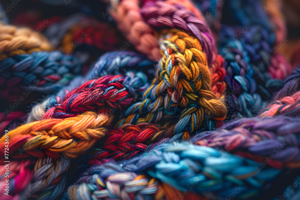 Close Up View of Multi-Colored Knitting Project Displaying Intricate Stitches with a Soft Blurry light in the Background