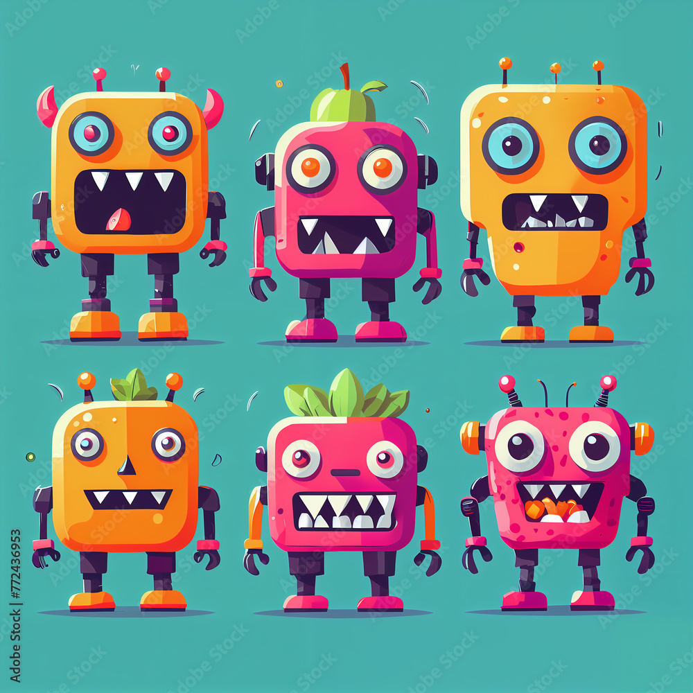 Set, Vibrant Flat Design: Playful Exaggerations of Colorfull Monsters, fruits and love