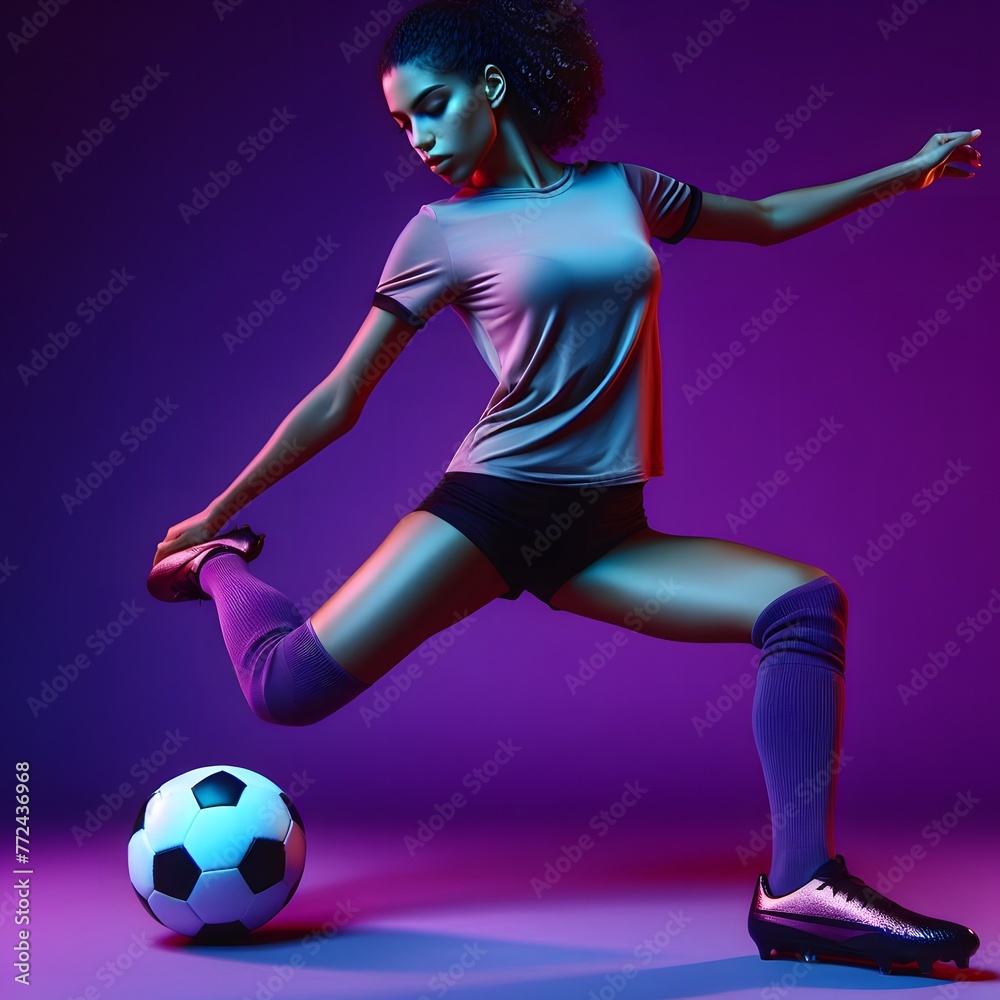  A female soccer player practicing kicking with football ball. Purple studio background in neon light. Ai Generated. 