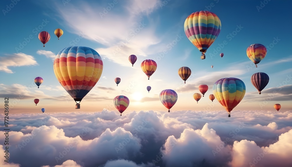 Obraz premium Colorful air balloons flying in the sky over clouds landscape