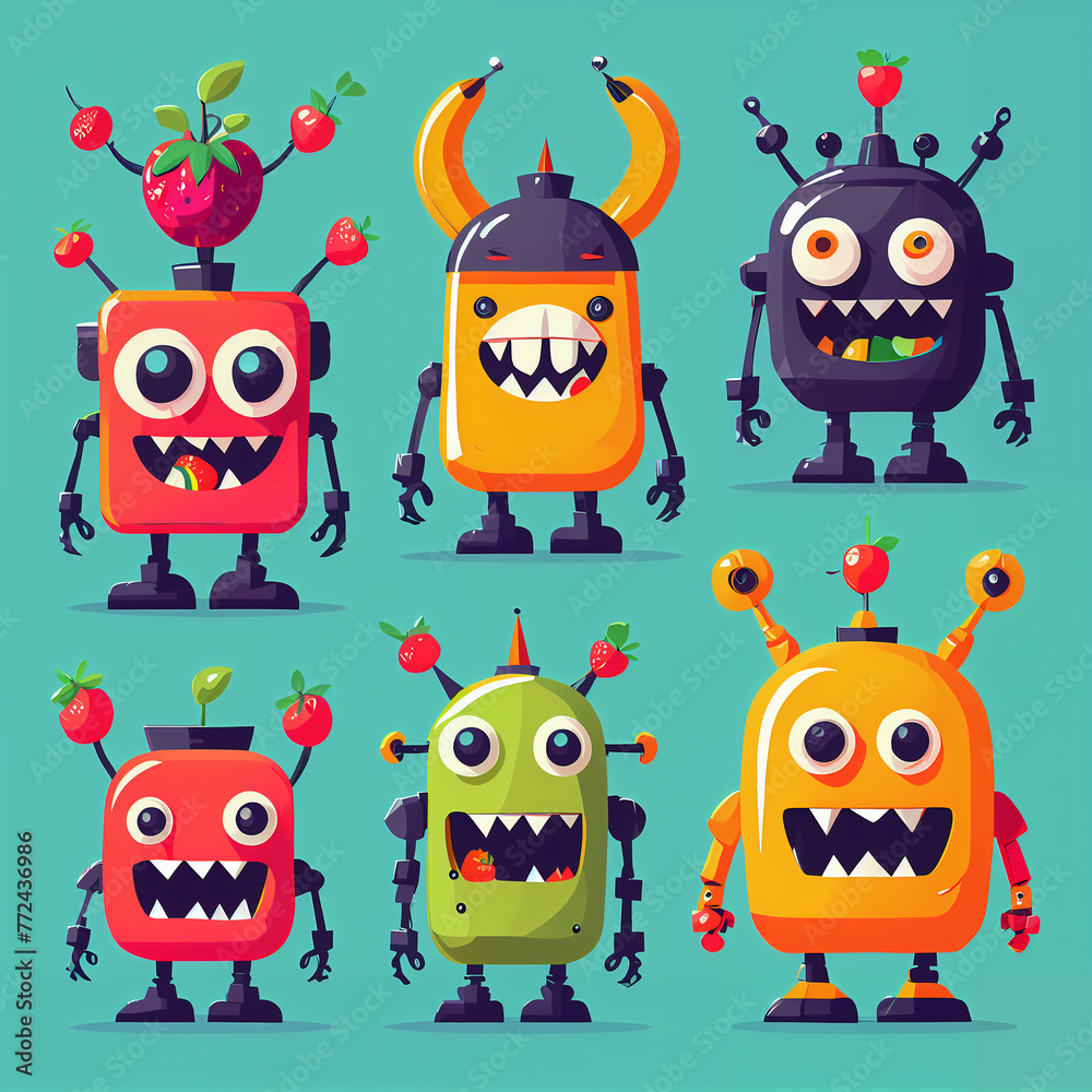 set, Vibrant Flat Design: Playful Exaggerations of Colorful Monsters set, Vibrant Flat Design: Playful Exaggerations of Colorful Monsters
